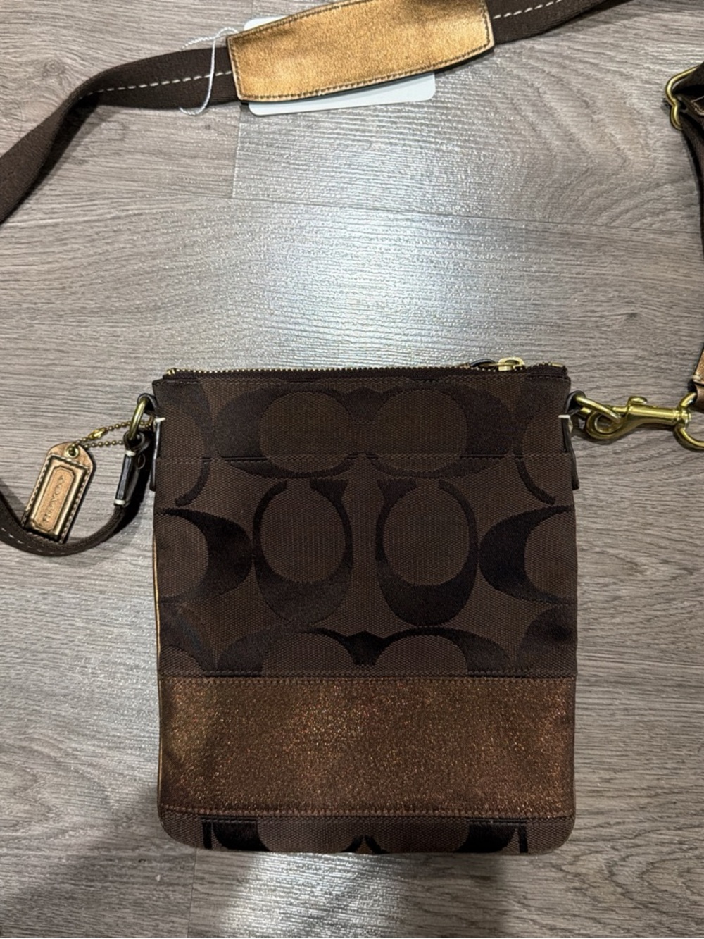 Coach Brown Signature Canvas Messenger Crossbody with Bronze Accent